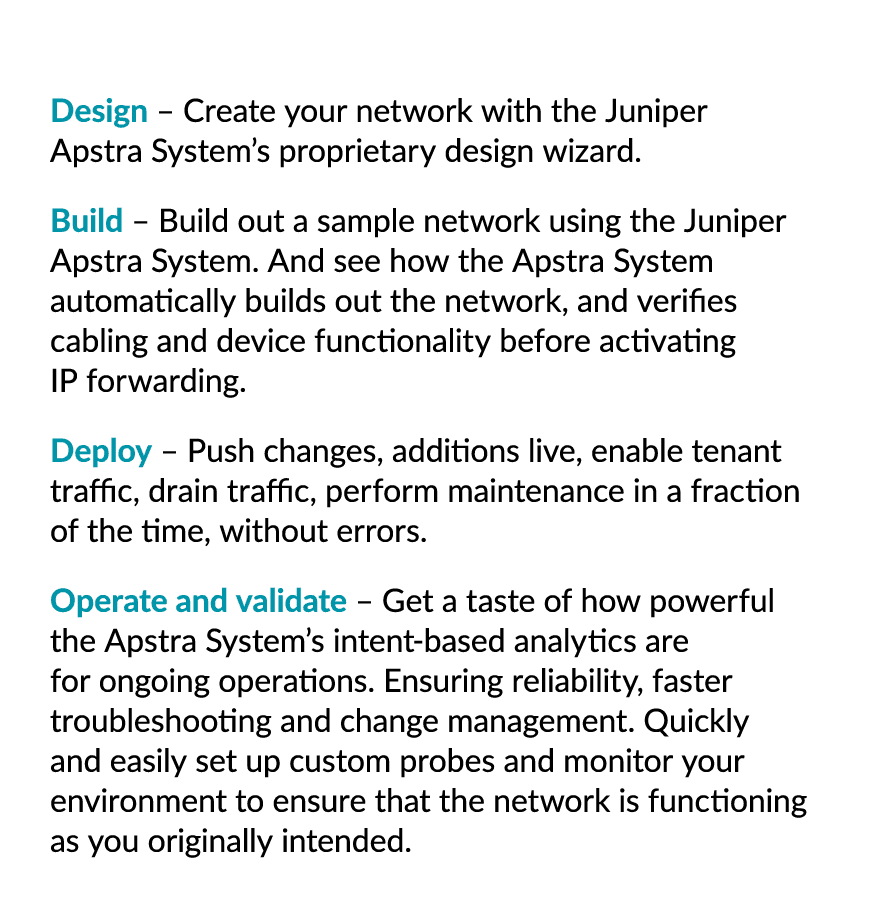 Design – Create your network with the Juniper Apstra System’s proprietary design wizard. Build – Build out a sample n...