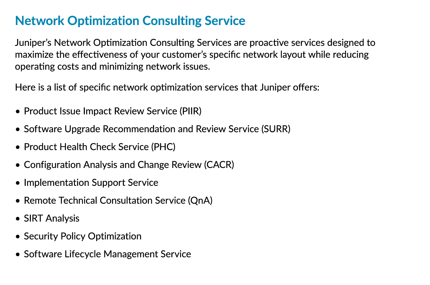 Network Optimization Consulting Service Juniper’s Network Optimization Consulting Services are proactive services des...